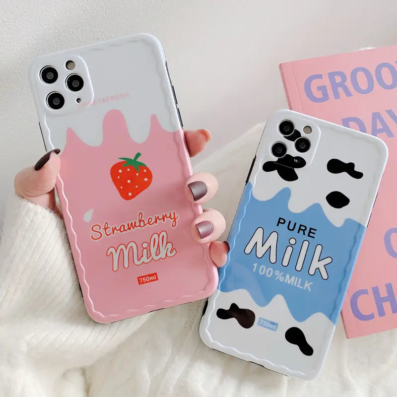 Susu Stroberi Lembut Silikon Merah Muda Gadis Wanita untuk Iphone 11 12 untuk Kasus Iphone Seni Jepang