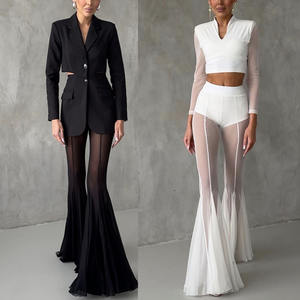 Femmes décontracté Patchwork plissé évasé pantalon Perspective maille mince pantalon nouveau 2025 été élastique taille haute Club pantalons longs - Product Image 1