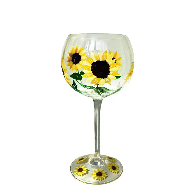Sunflower Gift Red Wine Colour Gin Glasses Balloon Wine Glasses With Custom Design Hand Painted