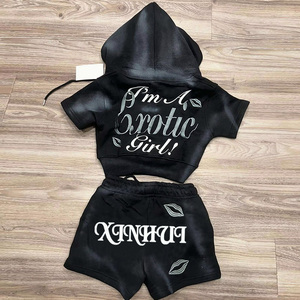 Custom 2 Piece <strong>Cotton</strong> Zip up Pink Cropped Top Acid Wash Jogger Sweatsuit Tracksuits Embroidered Hoodie and Short Set Women - Product Image 4