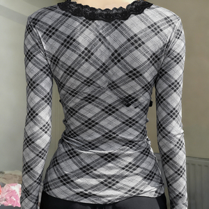 Vintage Plain Dyed Plaid Print Women's Long Sleeve T-Shirt Summer V Neck Lace Knit Breathable Anti-UV Quick Dry Base Layer Top - Product Image 4