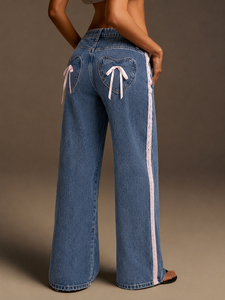 <span class=keywords><strong>Jean</strong></span> taille haute pour femme, en denim, avec rayures latérales en dentelle blanche, coupe ample et jambe large, style Y2K streetwear, pantalon décontracté pour femme - Product Image 2