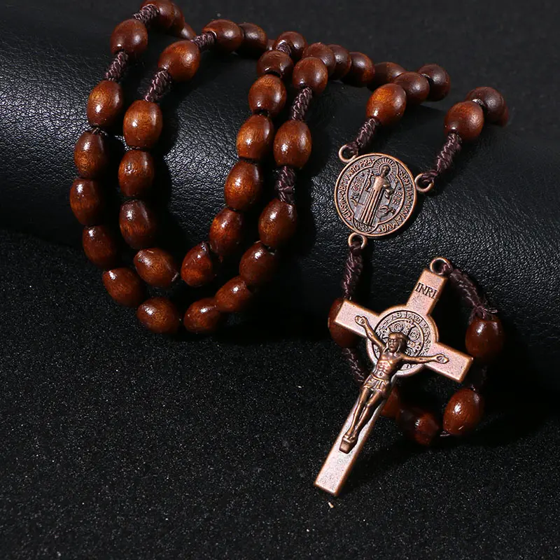 KOMi Christ 9*10mm Crrucifix Pendant Woven Religious Jewelry Christian Wooden Rosary Necklace