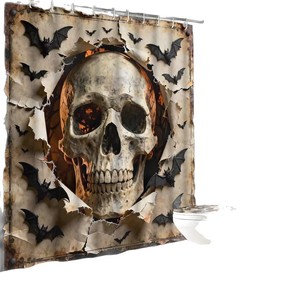 Rideau de Douche en Polyester Imprimé Numérique Motif Chauve-souris, Crâne et Citrouille d'Halloween, Imperméable, Impression Personnalisée, Vente en Gros, Moderne - Product Image 5