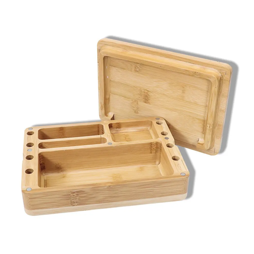 UKETA custom logo herb wood storage box cigarette roll up trays multi purpose wooden rolling tray with magnetic lid