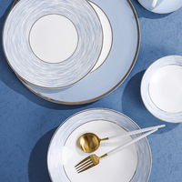 Service de table P&T de luxe en porcelaine fine bleu clair, 16 pièces, élégant, pour la restauration haut de gamme, assiettes et bols
