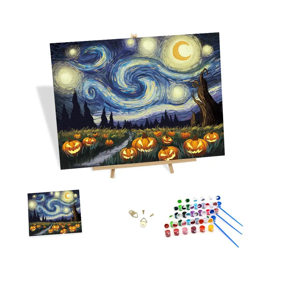 Pintura de Halloween por números arte paisaje estrellado calabazas pintado a mano DIY pintura por números Kit