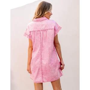 2025 Women's Summer Maxi Denim <b>Dress</b> Short Sleeve <b>Button</b> Collared Pleated Western Jean Pockets Simple Fashion Relaxed Fit - Product Image 5