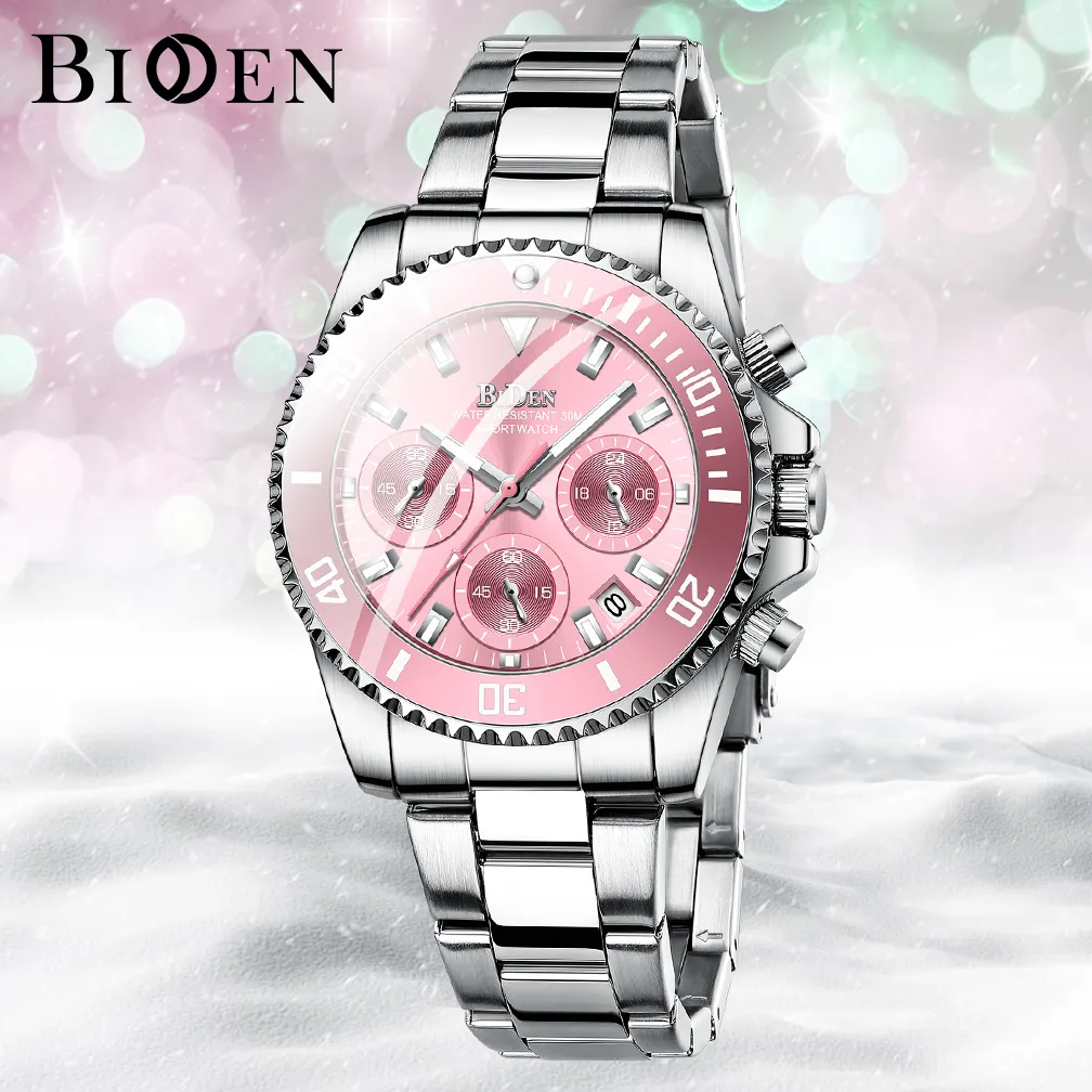 New BIDEN Women's Watch Stainless Steel Calendar Three Pointer High Clear Mirror Hour Clock Charm Swiss Quartz Watch For Ladies