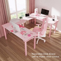 Bureau de jeu en forme de L, bureau d'ordinateur de jeu rose, bureau d'angle gain de place avec grand tapis de souris en forme de patte de chat, cadeau de bureau rose pour fille