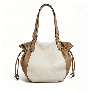 Vintage Cream <b>Tan</b> Bucket <b>Bag</b> Soft Pebble Grain Drawstring Edge Decorative Knot Handle Everyday Purse - Product Image 1