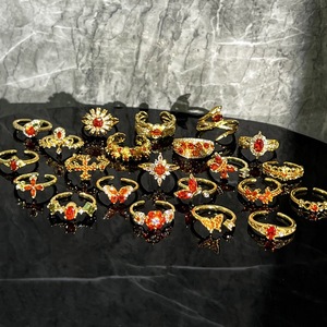 Ensemble de bagues ajustables R109 en laiton plaqué or 18 carats avec zircone cubique <span class=keywords><strong>orange</strong></span>, motifs papillon et fleur, pour femme, bijoux tendance - Product Image 2