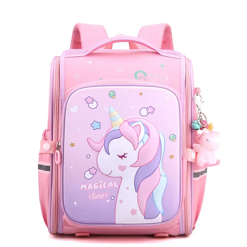 Fashion Pink Purple Nylon School Trolley Bag Unicorn Bookbags for Primary school Girls Students