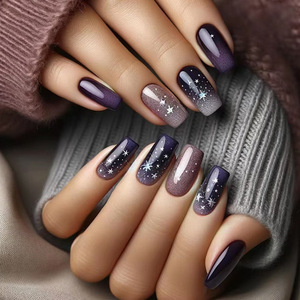 Uñas Postizas Cuadradas con Diseño de Ojo de Gato, Color Morado Plateado Brillante, Decoración de Uñas con Estrellas, Medianas, Hechas a Máquina, 24 Piezas, Uñas Cuadradas con Purpurina - Product Image 1