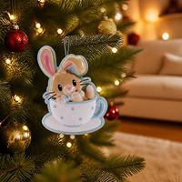 Ornement de Noël en résine en forme de tasse de thé avec lapin mignon, à pois, nœud papillon pastel, découpé, à suspendre à la fenêtre, pour chambre d'enfant, cadeau douillet, haute qualité