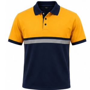 Yellow Navy Blue Colorblock Polo <b>TShirt</b> for Men Dry Fit <b>Polyester</b> Reflective Strip Sports Jersey Collared Activewear Top - Product Image 2
