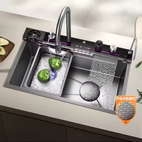 Robinet de cuisine à cuve unique Dolphin Waterfall, acier inoxydable 304, fait à la main, PVD noir, quatre trous, design moderne, montage sur plan