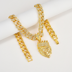 Corona testa di <span class=keywords><strong>leone</strong></span> <span class=keywords><strong>collana</strong></span> pendente <span class=keywords><strong>con</strong></span> 16mm Miami catene a maglie cubane Hip Hop cristallo placcato oro gioielli per uomo donna Unisex - Product Image 2