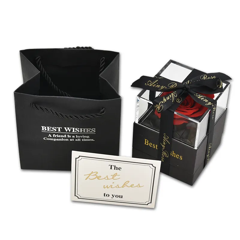 Amazon Offre Spéciale Meilleurs Voeux Préservé Fleur Rose Rouge De Luxe Boîte à Bijoux En Acrylique Avec Couvercle En Acrylique Pour Cadeau