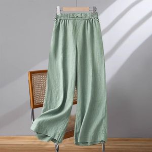 Cotton Linen Wide Leg Pants Women Elastic Waist Loose Fit Breathable Casual Pants Earth Golden Color - Product Image 4