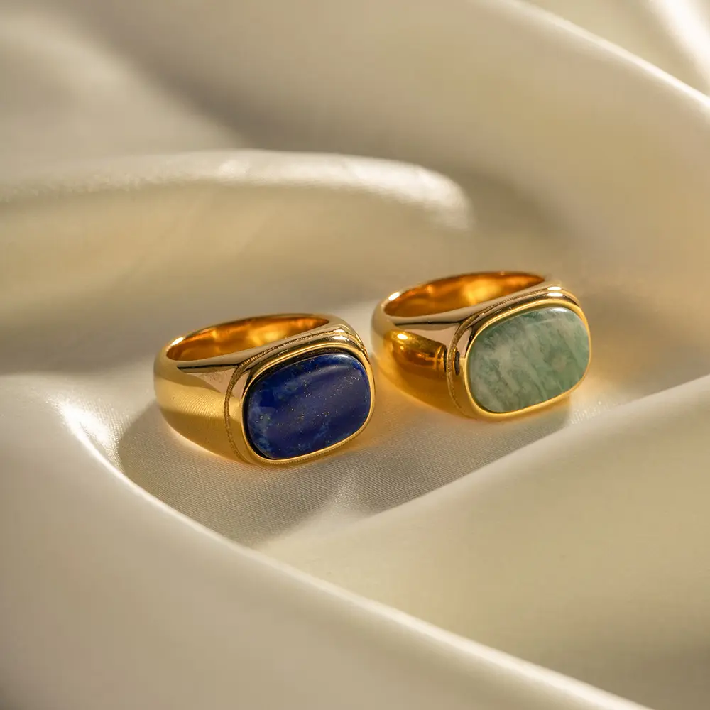 18K Gold Plate Exaggerated Lapis Green Agate Inlaid Rings Jewelry Fashion Retro Style Pair Geometric Ring