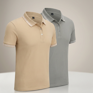 Polo en coton à manches courtes pour homme, couleur unie, respirant, tricoté, style décontracté, coupe classique, options beige et gris - Product Image 3
