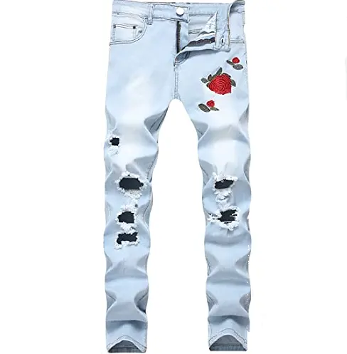 Custom Garment stacked jeans slim fit pants embroidery jeans distressed ripped denim high street trousers