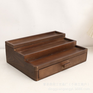 Étagère de rangement cosmétique en bois à trois niveaux avec tiroirs, organisateur multi-couches pour maquillage et produits de soin de la peau - Product Image 4