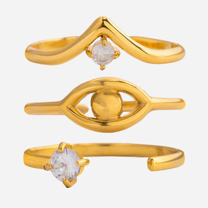 Geometric Wave Evil Eye <b>Open</b> <b>Ring</b> Set 18K Gold Stainless Steel Zircon Prong Setting Unisex Jewelry Gift - Product Image 1