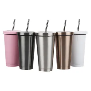 Coffee Cups With Straw Wholesale 17oz Double Wall 304 Stainless Steel Vacuum Insulated Tumblr Cup Thermal Cups Coffee Mugs With Straw Iced Cup