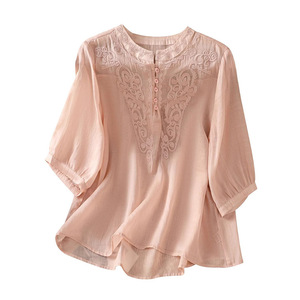 Women Cotton <b>Linen</b> Embroidered <b>Top</b> Five Sleeve Stand Collar <b>Plus</b> <b>Size</b> Retro Style T Shirt Spring Summer Leisure Wear - Product Image 5