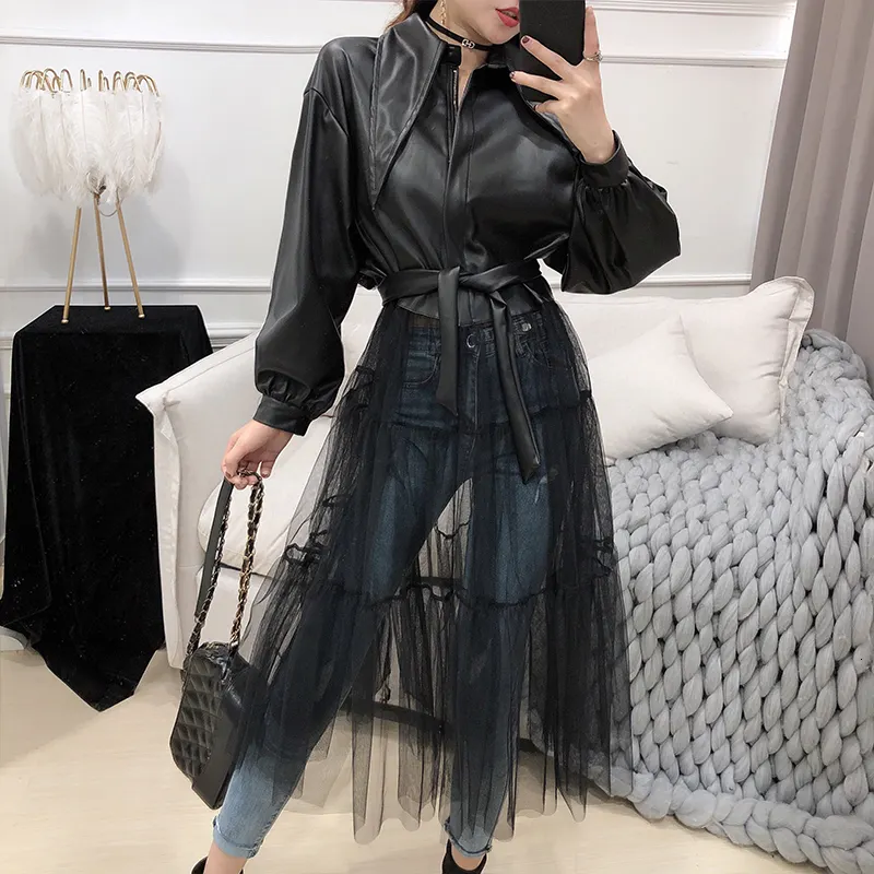 2022 solid color long mesh stitching PU leather women's fashion black coat with belt leather jacket