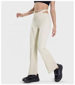 Women's new fabric cooperated famous brand custom logo v-neck high waist flared yoga pants