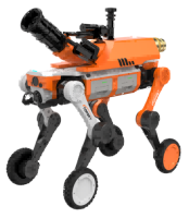 Robot chien à roues pour la lutte contre les incendies, équipé de divers modules, avec interfaces d'extension
