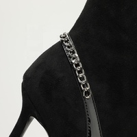 Bottines à talon aiguille en daim noir et cuir verni avec chaîne argentée et strass, fermeture éclair latérale, pour femme, style mature et élégant