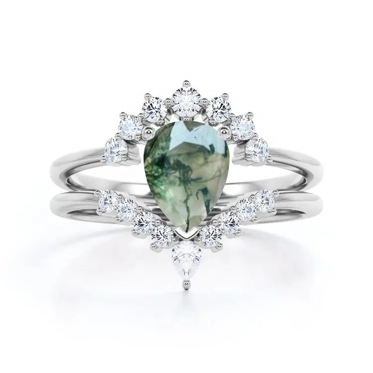 Vintage Crown Inspired Natural Moss Green Agate 925 Sterling Silver Art Deco Bridal Ring Set