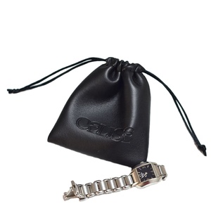 Custom Embossed logo Small Black Faux <b>Leather</b> PU Jewelry Drawstring Pouch <b>Bag</b> - Product Image 1