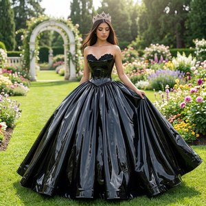 Robe de soirée noire en similicuir de haute qualité, sans bretelles, coupe ample, pour spectacle, modèle bouffant 6769 - Product Image 1
