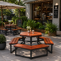 Table de pique-nique hexagonale d'extérieur avec bancs intégrés, structure métallique résistante aux intempéries, bois massif, mobilier de jardin moderne pour patio extérieur