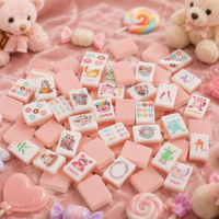 Jeu de Mahjong en Acrylique Rose Pastel Délicat avec Motifs de Dessins Animés – Kit de Jeu de Table Portable pour Divertissement Familial en Intérieur