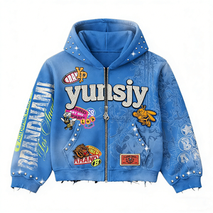 Sudaderas YSJY Streetwear Personalizadas con Efecto Desgastado y Lavado Ácido, Sin Cordones, 100% Algodón, Holgadas, con Parches Bordados, para Hombre - Product Image 2