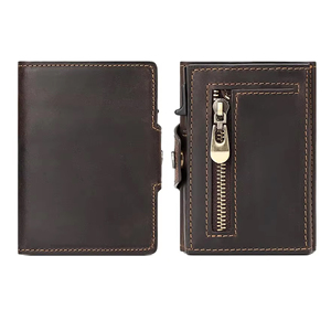 Portefeuille <span class=keywords><strong>homme</strong></span> vintage en aluminium anti-RFID avec <span class=keywords><strong>porte</strong></span>-cartes métallique et poche à monnaie en cuir Crazy Horse - Product Image 1