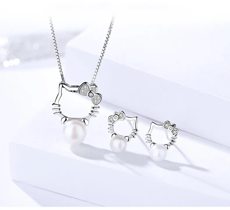Daidan Zirconia Cz Cute Animal Hello Kitty Cat 925 Silver Pearl Earrings Necklaces Jewelry Sets