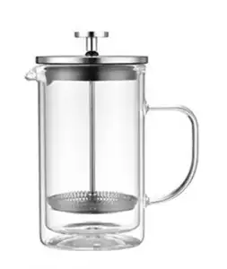 Théière à café française à double paroi en verre borosilicate et en acier inoxydable avec logo personnalisé