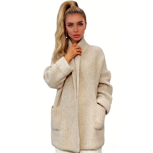 Cardigan en tricot côtelé pour femme, ouvert sur le devant, à manches longues, décontracté, mi-long, style pull, tendance - Product Image 2