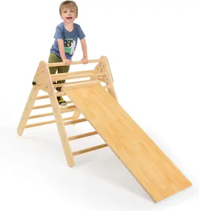 Wooden indoor kids Triangle Climber with Ramp Foldable Indoor Playground 3 in 1 Slide & Rock Wall Nature Wood Climbing Toys for