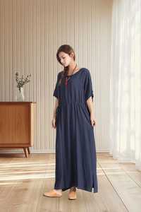 Vestido Maxi Personalizado de Lino y Algodón, Cuello en V, Corte en A, Manga Corta, Cintura Ajustada, para Mujer, Primavera/Verano, Ecológico, Casual - Product Image 4
