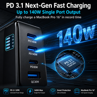 Bloc chargeur GaN 140W avec affichage numérique de la puissance, adaptateur secteur multi-ports PD QC, chargeur de voyage compact pour ordinateurs portables et téléphones