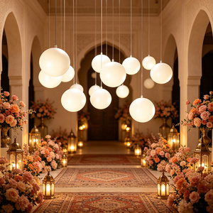 Sala per matrimoni Cream Apricot dall'atmosfera romantica, sfondo principale curvo e liscio che elimina i bordi angolosi, drappeggi trasparenti a stella. - Product Image 1