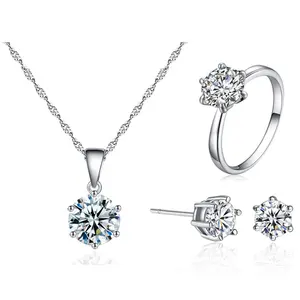 Women Necklace Ear Stud Adjustable Ring Set 8mm Cubic Zircon Pendant Necklaces Earring Sets Wedding Bridal Charm Pendant Jewelry